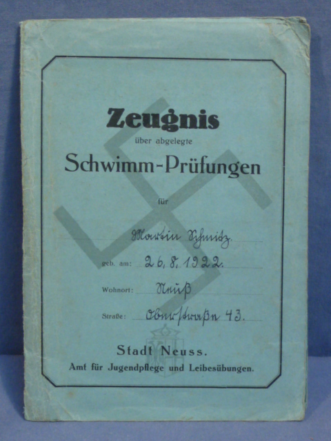 Original Nazi Era German Certificate of Passed Swimming Exams, Schwimm-Prüfungen