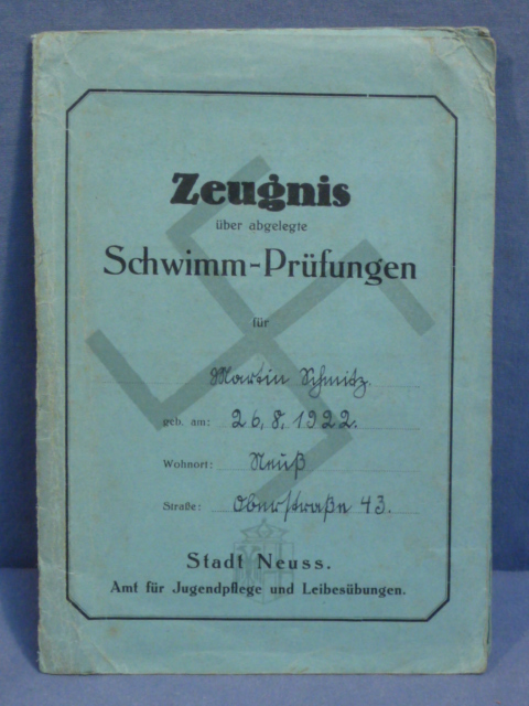 Original Nazi Era German Certificate of Passed Swimming Exams, Schwimm-Prfungen
