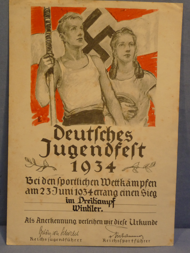 Original Nazi Era German HJ Sports Festival Award Document, Dreikampf