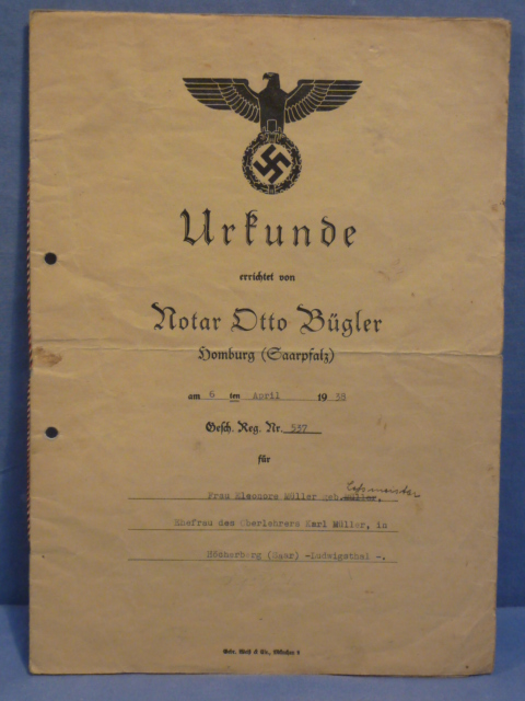 Original 1938 German Deed Drawn Up by Notary Otto Bgler, Urkunde
