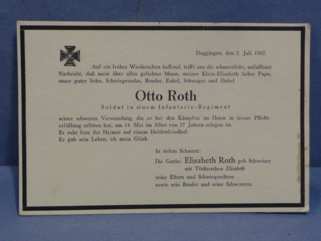 Original WWII German Death Announcement to Infantry Soldier Otto Roth