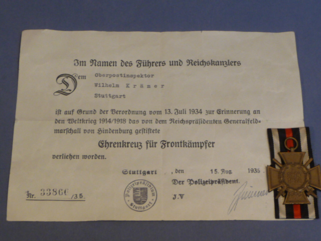 Original 1934 German Combatants 1914-1918 Honor Cross (Hindenburg Cross) Medal & Award Document