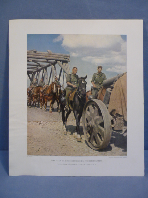 Original WWII German Military Themed Color Print, ARTILLERY ON THE ADVANCE