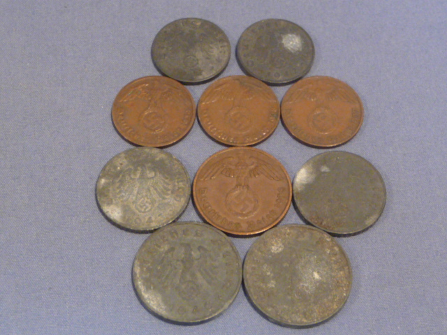 Original Nazi Era German Reichspfennig Coins, Set of 10