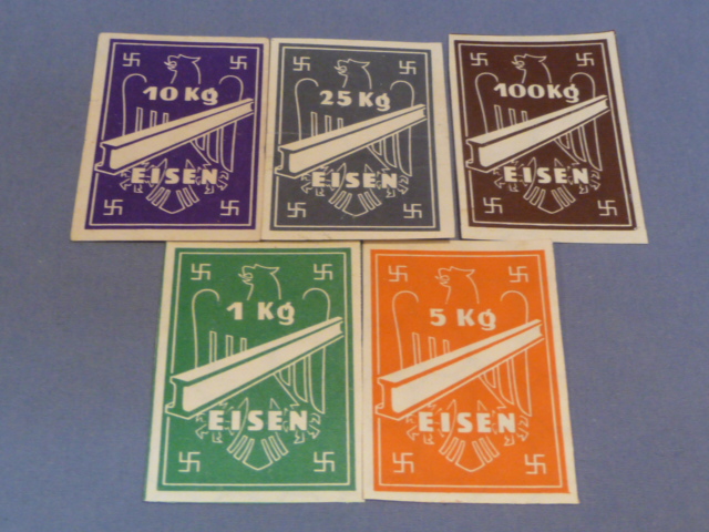 Original Nazi Era German Set of 5 Different Ration Tickets for Purchasing Iron
