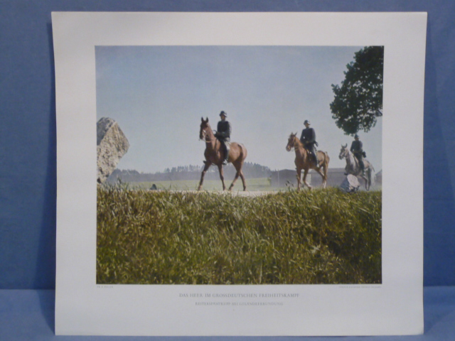 Original WWII German Military Themed Color Print, CAVALRY PATROL THE ROAD