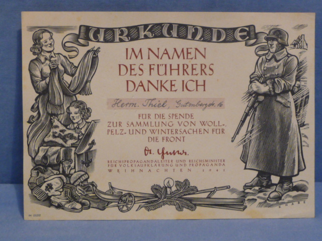 Original WWII German Award Document for Donation of Winter Items for the Front