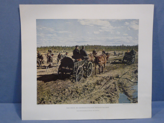 Original WWII German Military Themed Color Print, SUPPLY COLUMN IN THE EAST