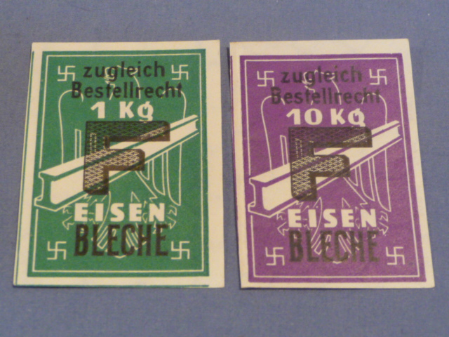 Original Nazi Era German Set of 2 Different Ration Tickets for Purchasing Iron Sheets