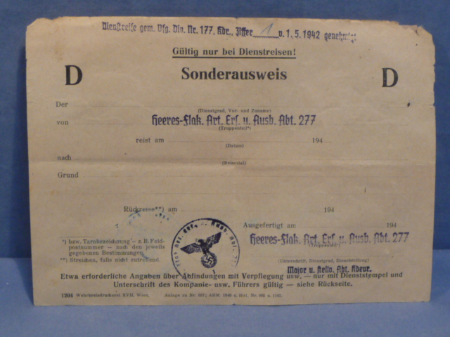 Original WWII German Luftwaffe Soldier's Special Pass (Sonderausweis), UNUSED