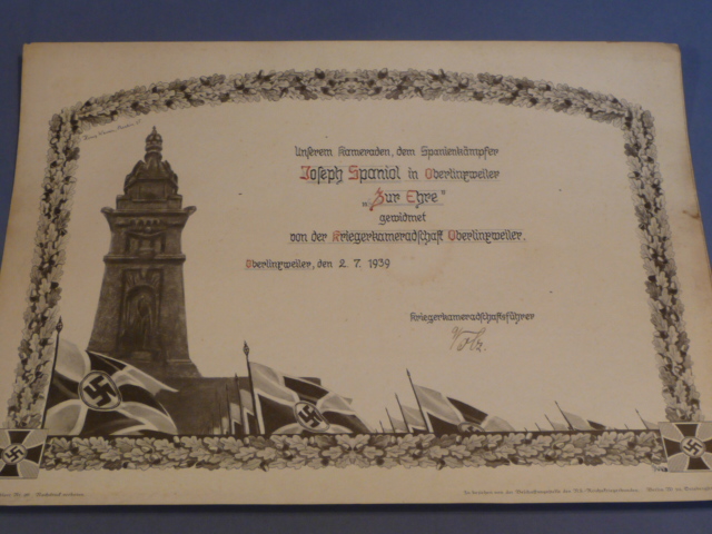 Original 1939 German NS-RKB In Honor Document to a Spanish Fighter