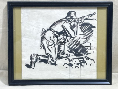 Original WWII German Framed Drawing of a Soldier with Rifle