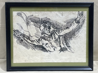 Original WWII German Framed Drawing of an NCO with a Flag