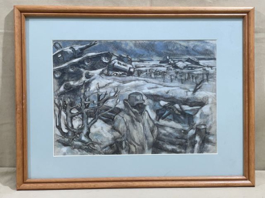 Original WWII German Framed Color Drawing of a Trench Line w/Destroyer Soviet Tanks