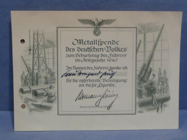 Original WWII German Metal Donation Document for 1940