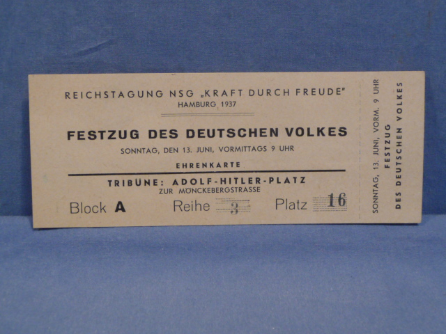 Original 1937 German DAF Strength Through Joy Ticket, PROCESSION OF THE GERMAN PEOPLE
