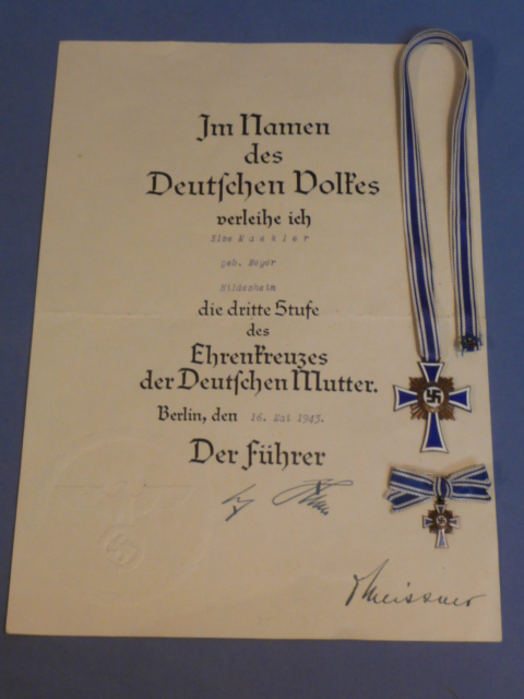 Original Nazi Era German Mother's Cross in Bronze with Miniature & Award Document
