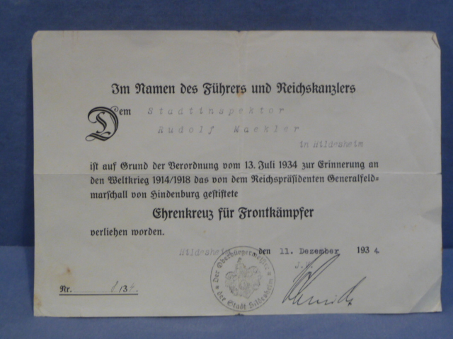 Original 1934 German Combatants 1914-1918 Honor Cross (Hindenburg Cross) Award Document