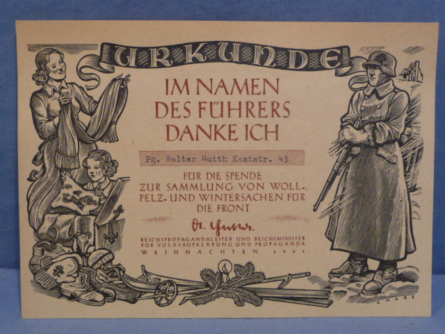 Original WWII German Award Document for Donation of Winter Items for the Front
