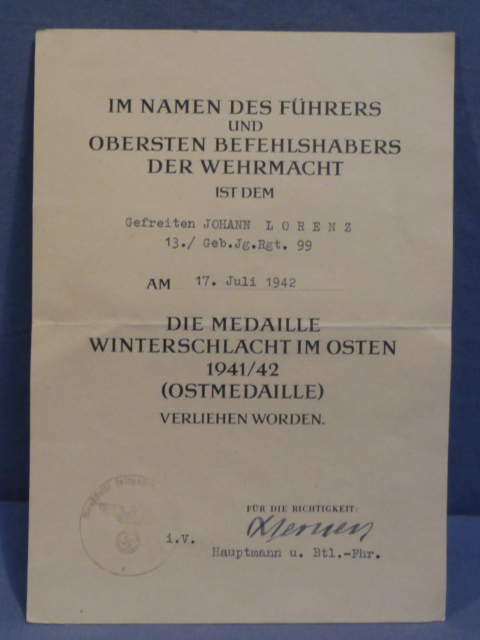Original WWII German Russian Front Medal Award Document, Gebirgsj�ger!!!