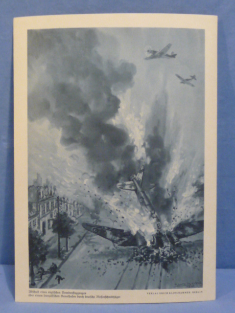 Original WWII German Military Themed Print, Fighters Shoot Down an English Bomber