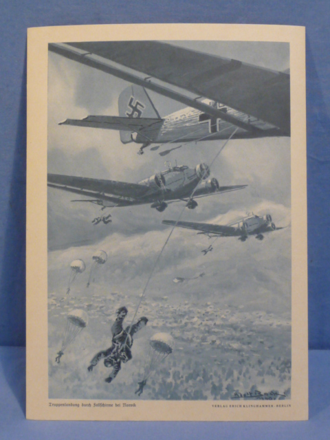 Original WWII German Military Themed Print, Troops Parachute into Narvik