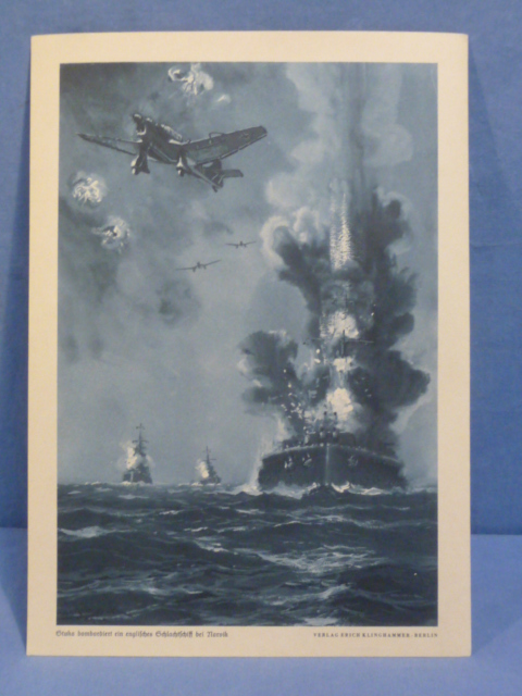 Original WWII German Military Themed Print, Stuka Bombs an English Battleship at Narvik