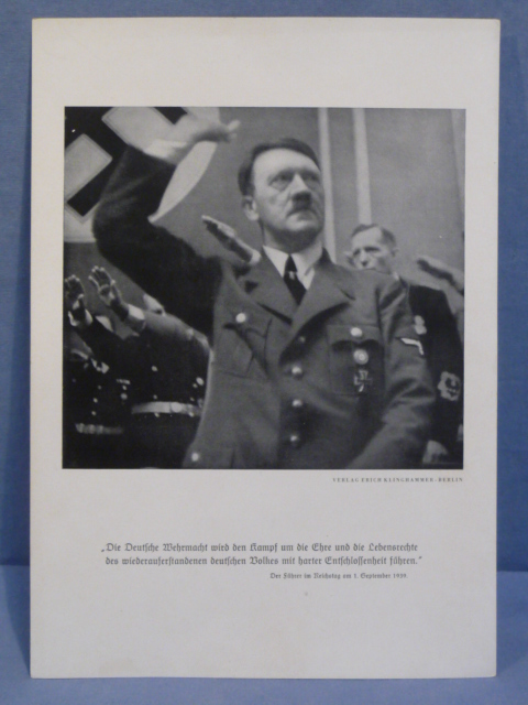 Original WWII German Military Themed Print, Hitler Quote 1. September 1939