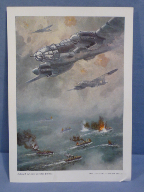 Original WWII German Military Themed COLOR Print, Air Raid on an Enemy Naval Grouping