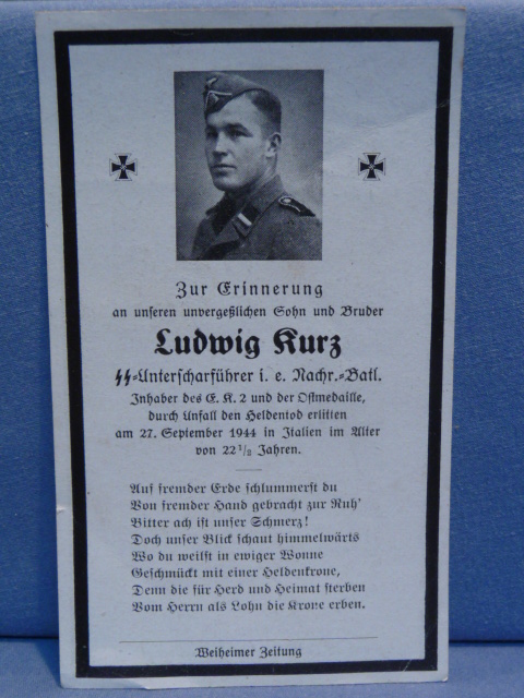Original WWII German Waffen-SS Soldiers Remembrance Card, EKII and Ostmedal