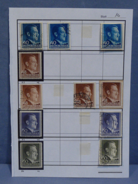 Original Nazi Era German Postage Stamp Set, General Government Hitler Head