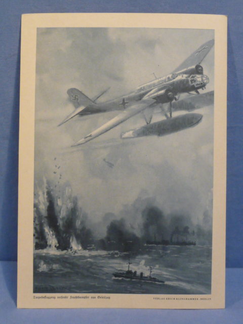 Original WWII German Military Themed Print, Torpedo Plane Sinks Cargo Steamer