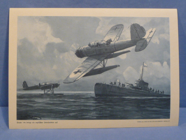 Original WWII German Military Themed Print, Arado 196 Captures an English Submarine