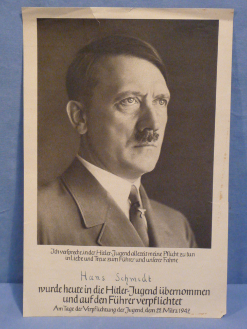 Original WWII German Hitler Youth Membership Acknowledgment Document