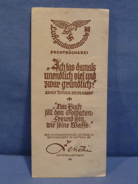 Original WWII German Luftwaffe Front Library Bookmark, FRONTB�CHEREI