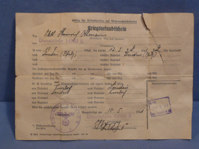 Original WWII German Officer's War Leave Pass, Kriegsurlaubsschein