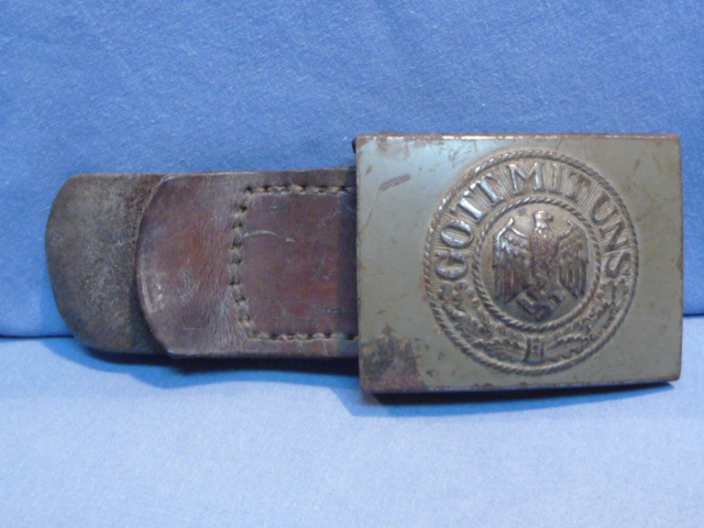 Original WWII German Heer EM/NCO Belt Buckle, Steel with Leather Tab