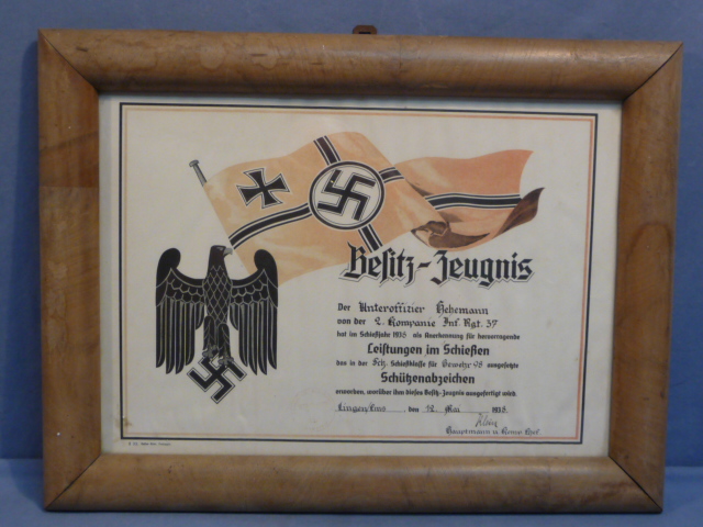 Original 1938 German Heer (Army) Soldier's Marksman's Lanyard Award Document, FRAMED