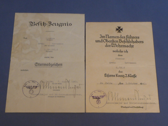 Original WWII German 1939 Iron Cross 2nd Class & Assault Badge Award Documents