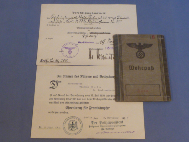 Original WWII German Wehrpa� and Award Documents Grouping to WWI Veteran