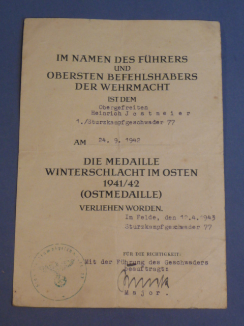 Original WWII German Russian Front Medal Award Document, LW Stuka Pilot!
