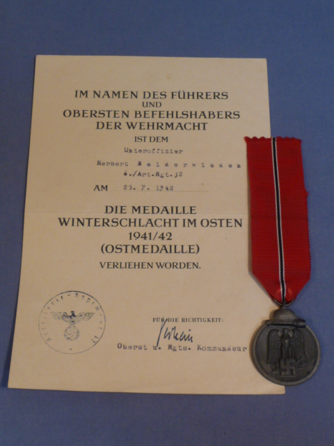 Original WWII German Russian Front Medal and Award Document