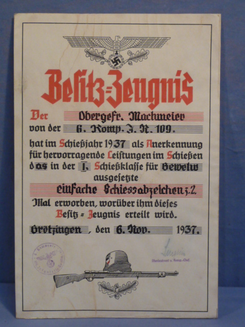 Original 1937 German Shooting Award Certificate, Infantry Regiment 109