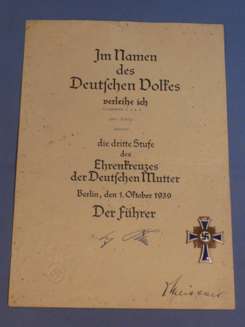 Original Nazi Era German Mother's Cross in Bronze & Award Document Set