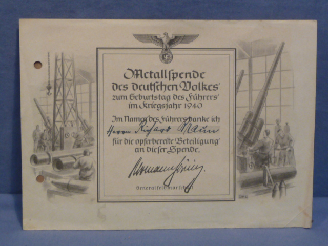 Original WWII German Metal Donation Document for 1940