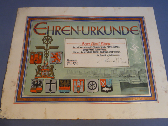 Original 1939 German Award for 25 Years of Service in the Firm Aktien-Zuckerfabrik
