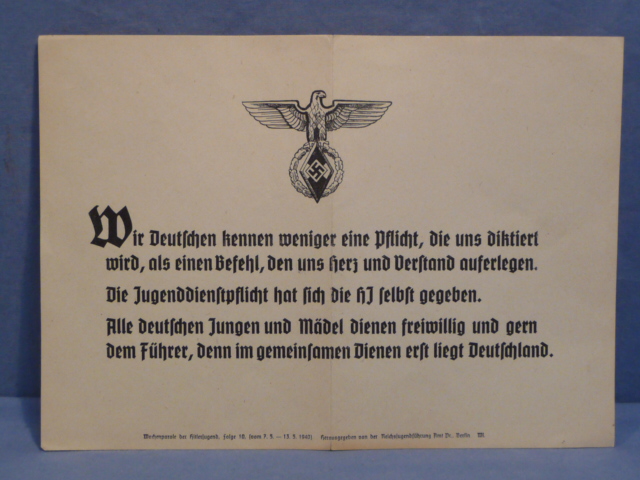 Original WWII German Hitler Youth Service to Hitler Statement
