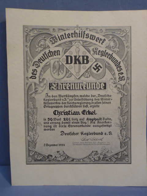 Original 1934 German Bowling Association (DKB) Winter Relief Certificate of Honor