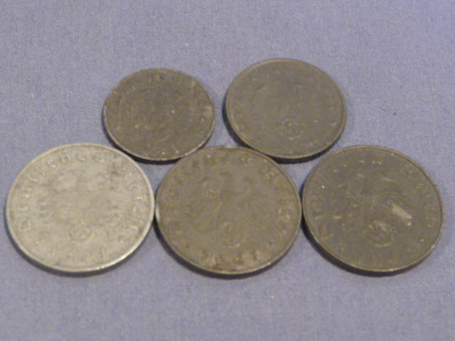 Original Nazi Era German Reichspfennig Coins, Set of 5