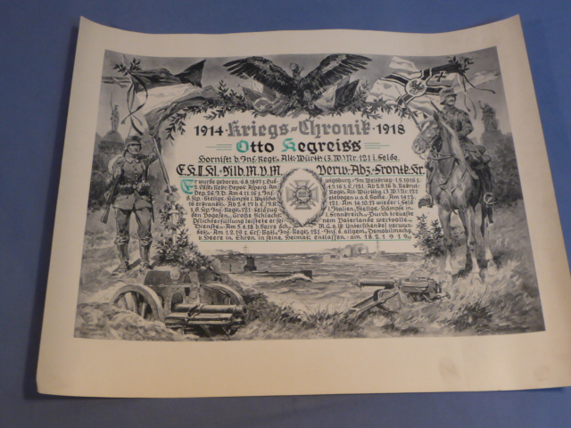 Original Post-WWI German Soldier's War Service Print, 1914 Kriegs-Chronik 1918